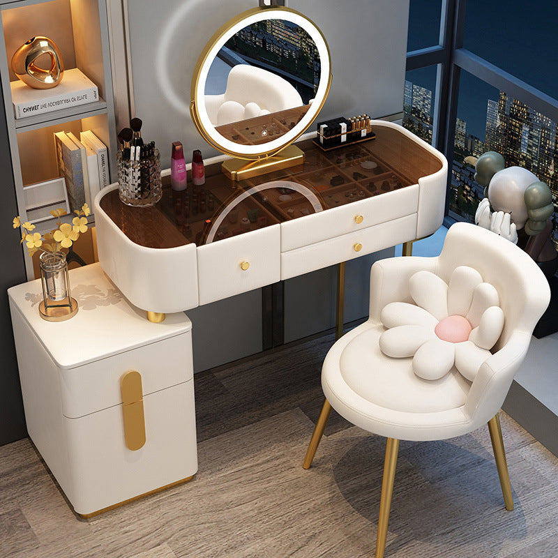 Tabouret de coiffeuse rond en velours à fleurs créatives contemporaines avec dossier et accoudoirs en métal pour chambre 