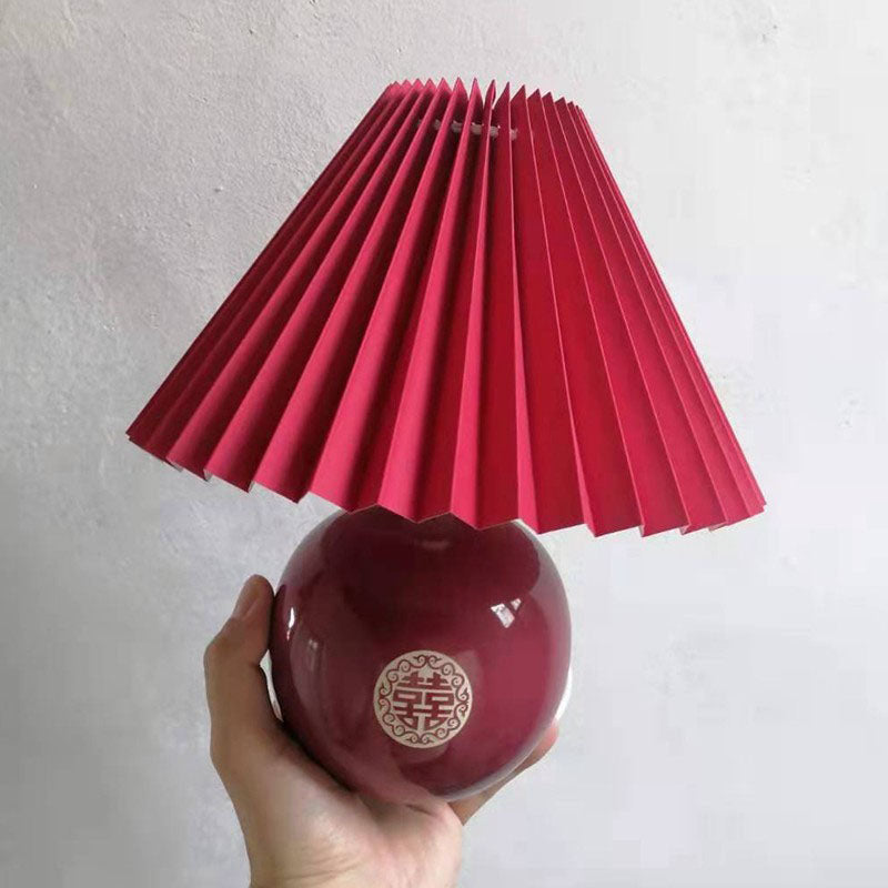 Traditional Chinese Red Pleated Fabric Lampshade Ceramic Base 1-Light Table Lamp For Bedroom