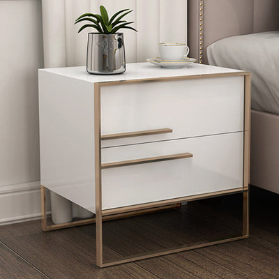 Table de nuit moderne en bois massif cubique avec cadre en acier inoxydable à 2 tiroirs pour chambre 