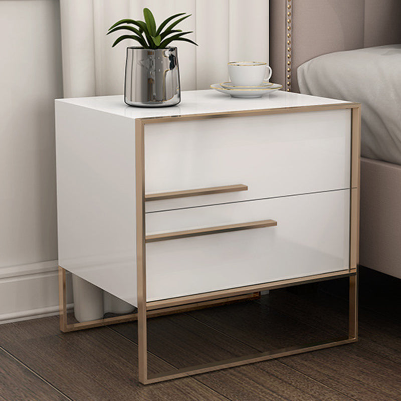 Table de nuit moderne en bois massif cubique avec cadre en acier inoxydable à 2 tiroirs pour chambre 
