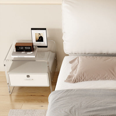 Table de nuit moderne minimaliste cubique rectangulaire en acrylique, bois et métal avec 1 tiroir pour le chevet 
