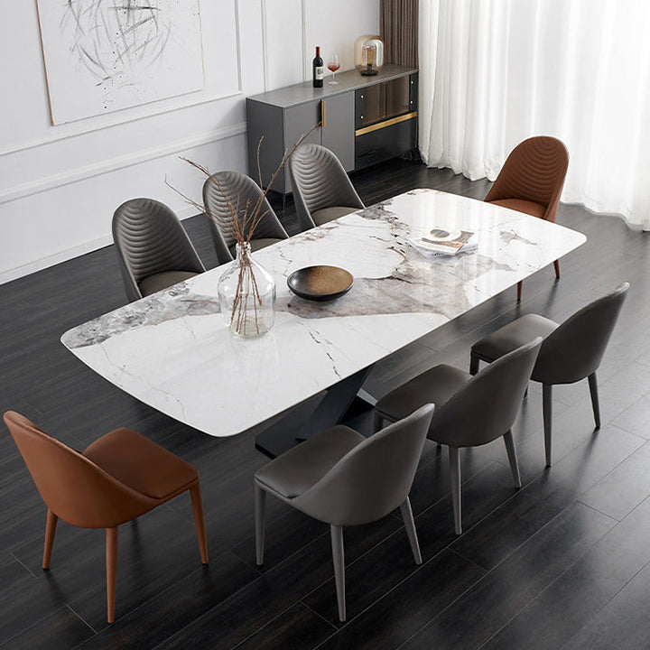 Contemporary Nordic Rectangular Arched Striped Cat Scratch Leather Carbon Steel Dining Chair Backrest Armless For Dining Room
