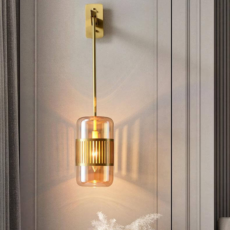 Lámpara de pared cilíndrica de vidrio y hierro de lujo contemporáneo de 1 luz para dormitorio y sala de estar 