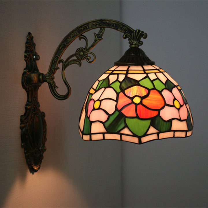Lámpara de Aplique de Pared de 1 Luz con Vidrio de Tiffany Tradicional de Flor de Aleación de Zinc y Hierro para Sala de Estar 