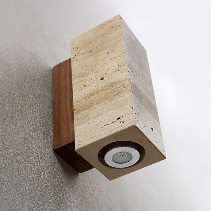 Japanischer Wabi-Sabi Runder Quadrat Gelber Travertin Gummi Holz 1-Licht Spotlight Wandleuchte 