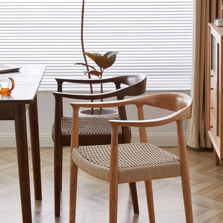 Traditional Vintage Braided Rope Wood Legs Square Dining Chair Backrest Armrest For Dining Room