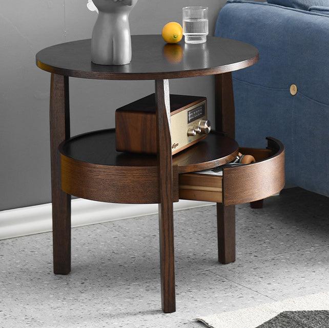 Mesa auxiliar redonda contemporánea, retro y vintage de madera de caucho, madera de pino y contrachapado con cajón de 2 niveles para sala de estar 