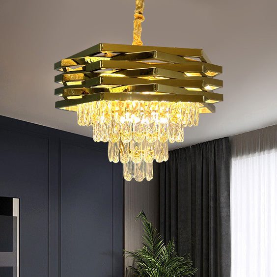 Contemporary Luxury Square Stacked Branch Crystal Metal Stainless Steel 5/7/8/9-Light Chandelier For Living Room
