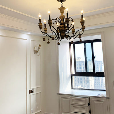 Chandelier Traditionnel Rustique Texturé Cylindre Fer Bois 6/8 Lumières Pour Salon 