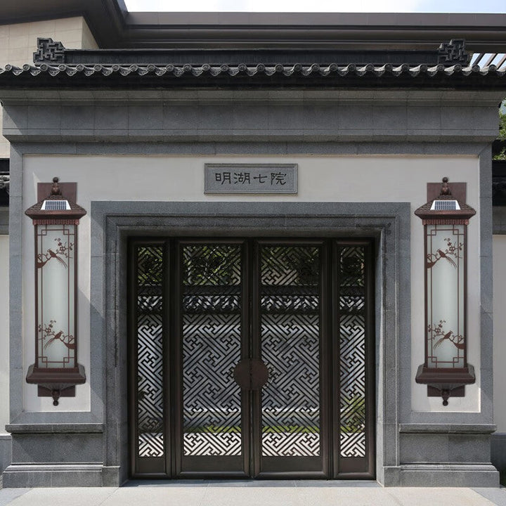 Traditionelle chinesische rechteckige Aluminiumglas-Solar-LED-Wandleuchterlampe für Garten