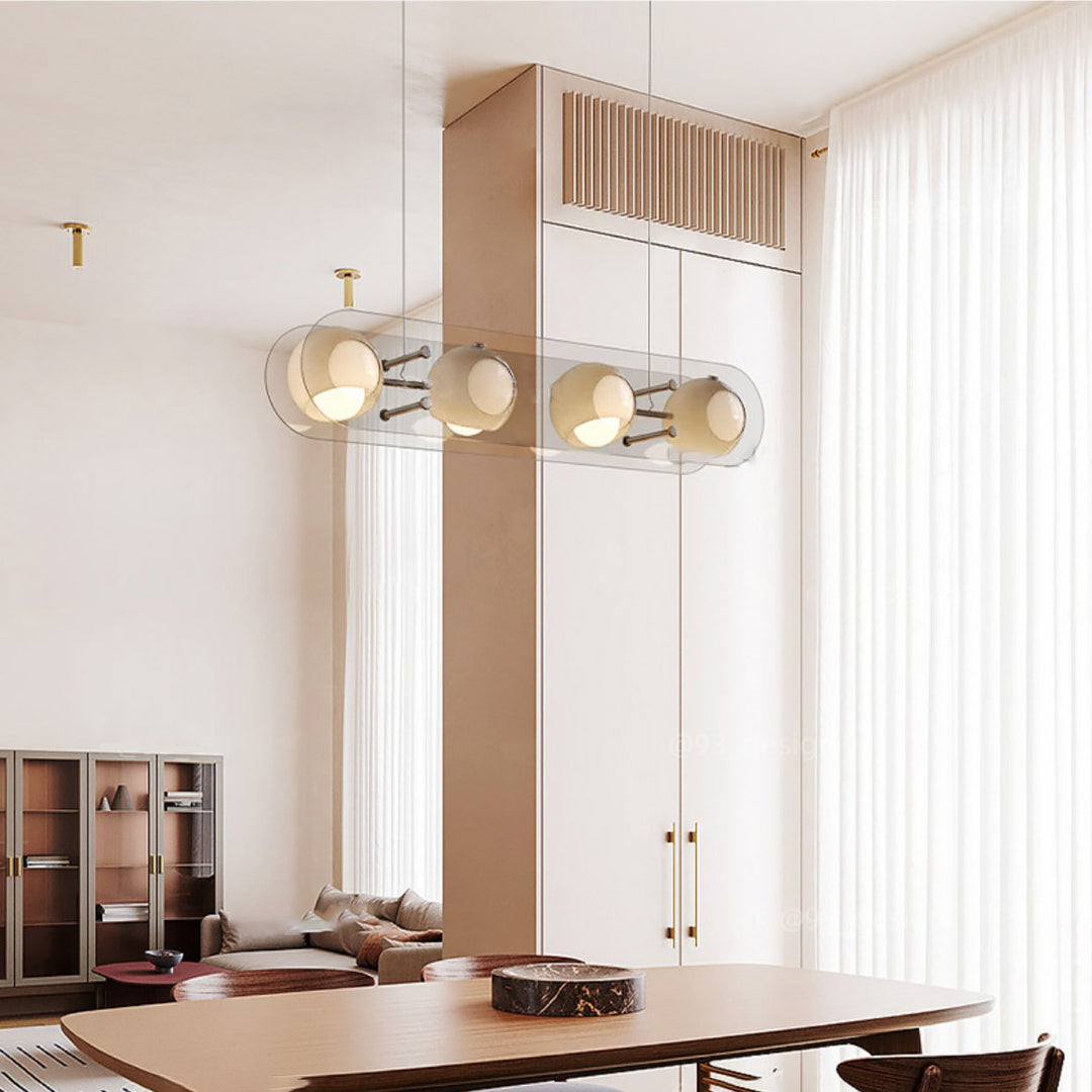 Modern Mid-Century Rectangular Round Globe Iron Acrylic 4-Light Island Light Chandelier For Dining Room