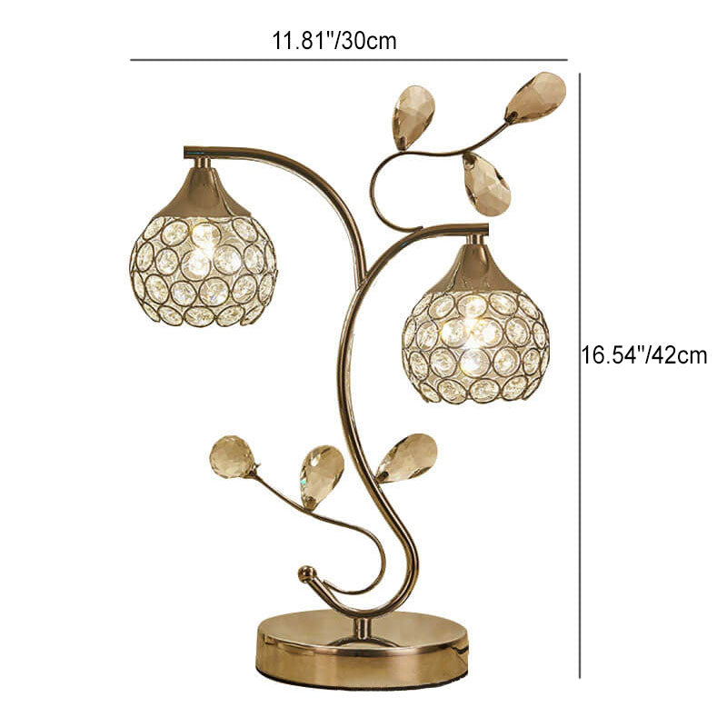 Modern Art Deco Floral Branch Design Crystal Iron 2-Light Table Lamp For Bedroom