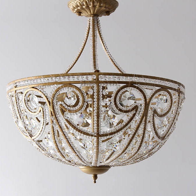 Traditional French Crystal Bead Strings Bowl Gold Iron 5-Light Semi-Flush Mount Ceiling Light For Living Room