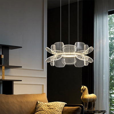 Moderne minimalistische runde Blume klares Metall Acryl LED Insel Licht Kronleuchter für Esszimmer 