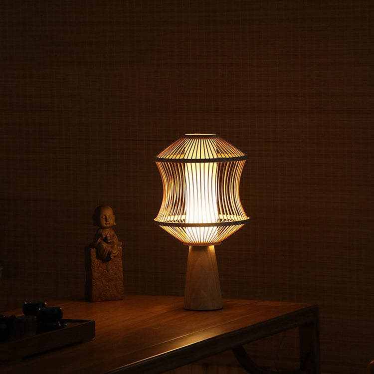 Traditional Japanese Nan Bamboo Solid Wood Geometric Cage Column 1-Light Table Lamp For Living Room &amp; Bedroom