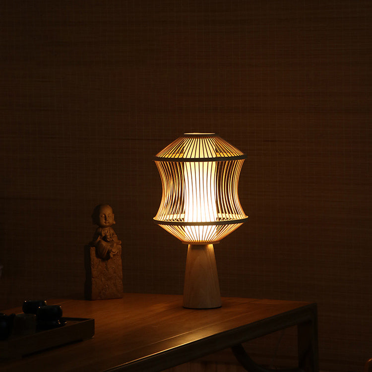 Japanische Bambusweberei Geometric Cage Column 1-Light Tischlampe