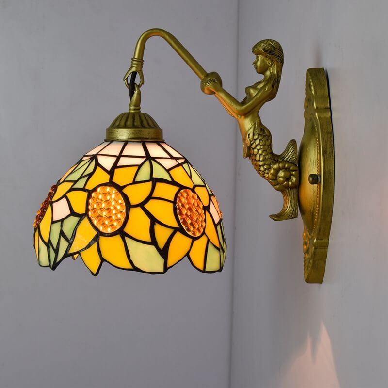 European Vintage Tiffany Sun Flower Stained Glass 1-Light Wall Sconce Lamp