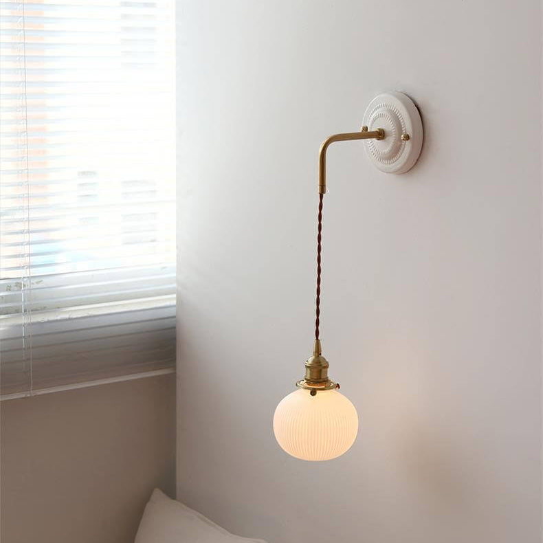 Modern Minimalist Round Glass Iron Ceramic Base 1-Light Wall Sconce Lamp For Living Room &amp; Bedroom