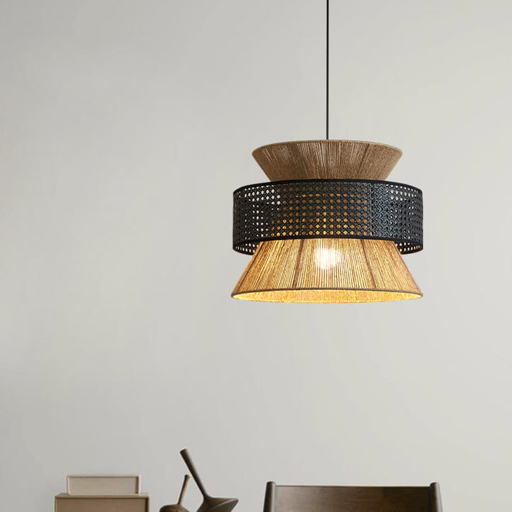 Traditionelle Vintage Zen Rattan Hanf Seil Weben Runde Schatten 1-Licht Pendelleuchte für Wohnzimmer 