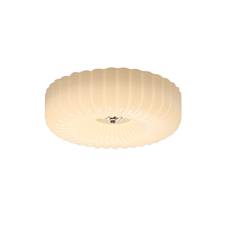 French Minimalist Cream Textured Glass Round LED Flush Mount Ceiling Light