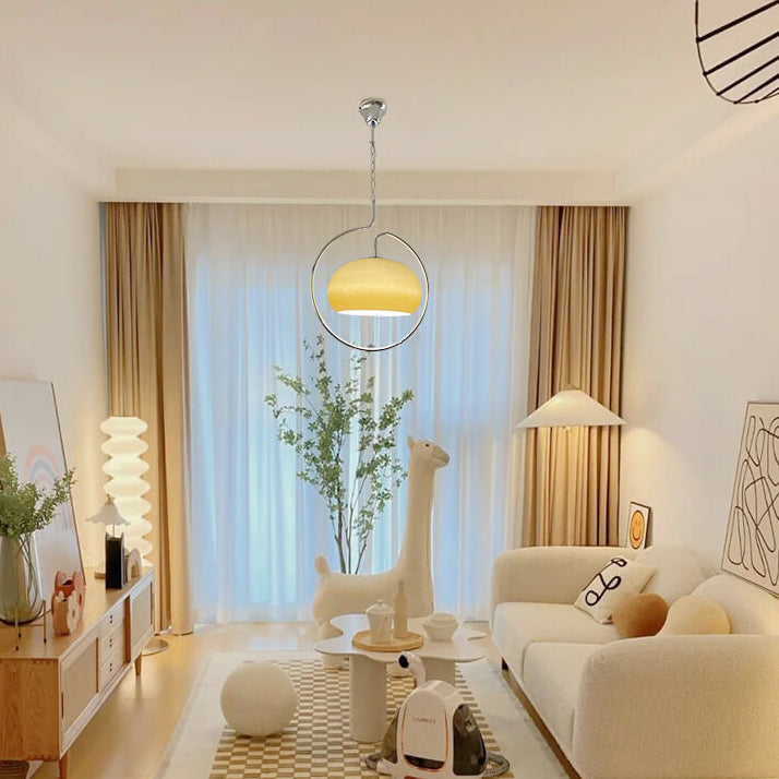 Zeitgenössische Retro Creme Runde Hardware Glas 1-Licht Pendelleuchte für Wohnzimmer 