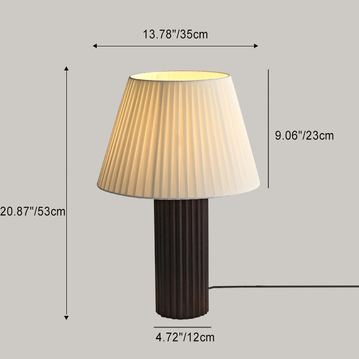 Lámpara de mesa de 1 luz de cilindro retro contemporáneo de madera plisada y tela con latón para mesita de noche 
