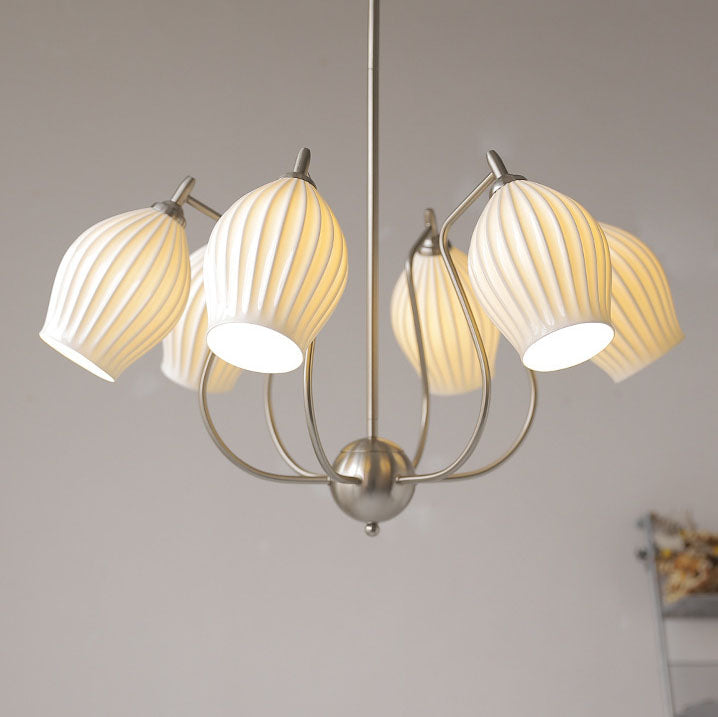 Traditioneller französischer Kronleuchter aus Eisen, Kupfer und Keramik mit Blumenglocke, gestreift, 4/6/8 Lichter für Wohnzimmer 