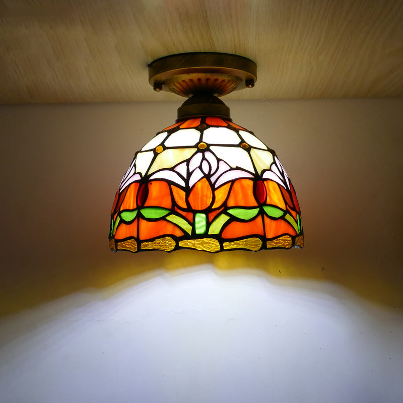 Lámpara de techo semiempotrada de 1 luz con cúpula de hierro y vidrio de colores Tiffany Tulip tradicional para sala de estar 