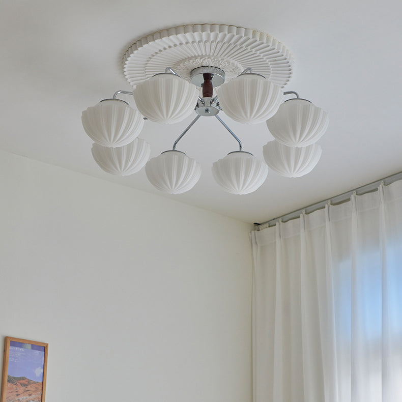 Traditionelle französische Schüssel geripptes Eisen Holz Glas 3/5/8 Licht Halbbündige Deckenleuchte für Wohnzimmer 