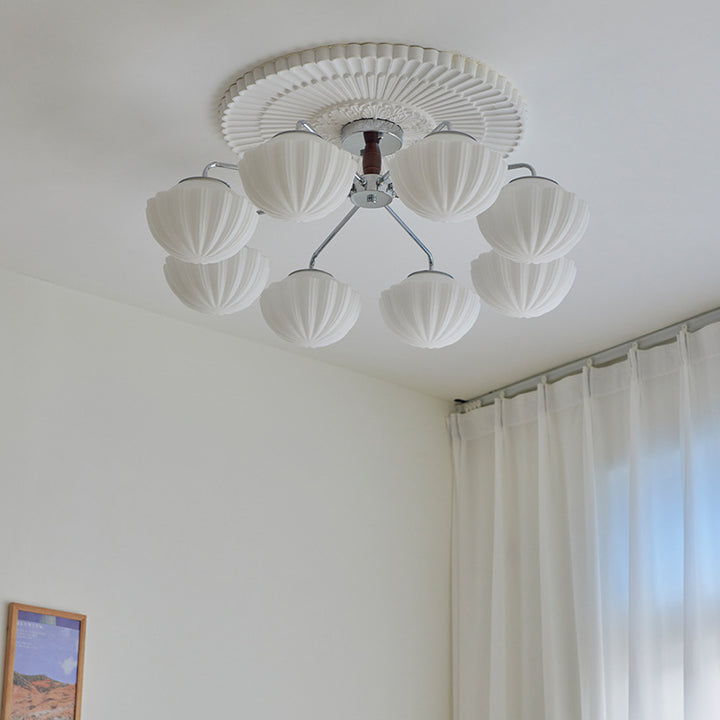 Traditionelle französische Schüssel geripptes Eisen Holz Glas 3/5/8 Licht Halbbündige Deckenleuchte für Wohnzimmer 