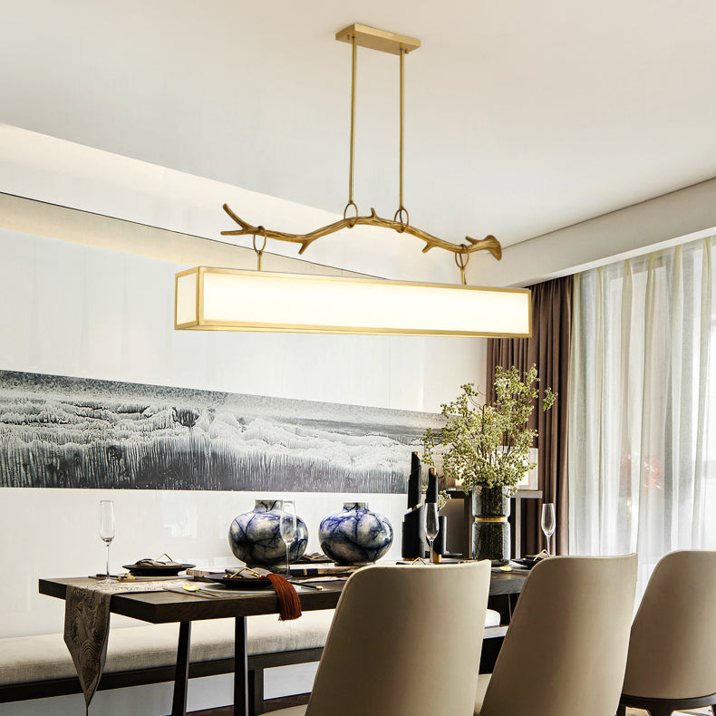 Moderne Art Deco Vollkupfer Zweig Stoff Rechteck Schatten 1-Licht Insel Licht Pendelleuchte für Wohnzimmer 