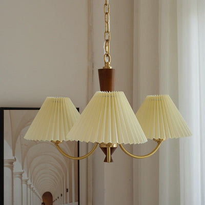 Traditional Vintage Pleated Fabric Shade Wood Brass Frame 3/5-Light Chandelier For Living Room