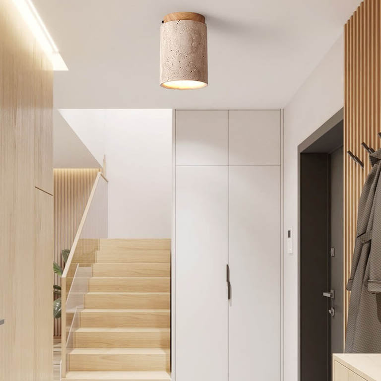 Traditional Rustic Travertine Column 1-Light Semi-Flush Mount Ceiling Light For Hallway