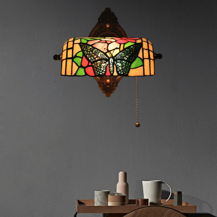 Traditional Tiffany Butterfly Half Cylinder Zinc Stained Glass 1-Light Wall Sconce Lamp For Living Room