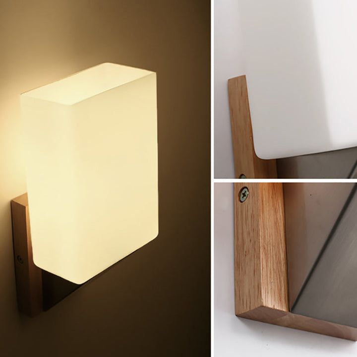 Applique Murale Moderne Minimaliste Rectangle en Bois et Verre 1 Lumière pour Chambre 