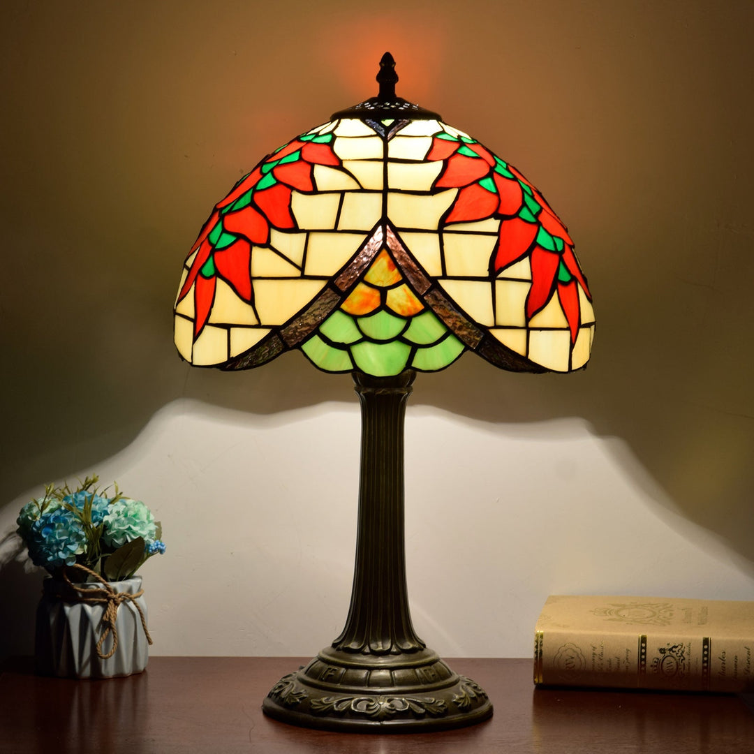 Lámpara de Mesa de 1 Luz con Pantalla Redonda de Vidrio Tiffany Tradicional Estilo Capsicum para Estudio 