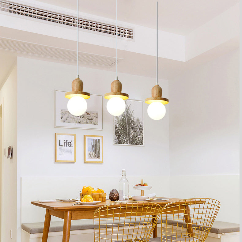 Lámpara de araña de isla de 1/3/5 luces con pantalla de vidrio de globo y marco lineal de madera tradicional japonesa para sala de estar 