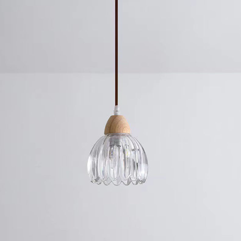 Traditional Japanese Rubber Wood Glass Flower 1-Light Pendant Light For Dining Room