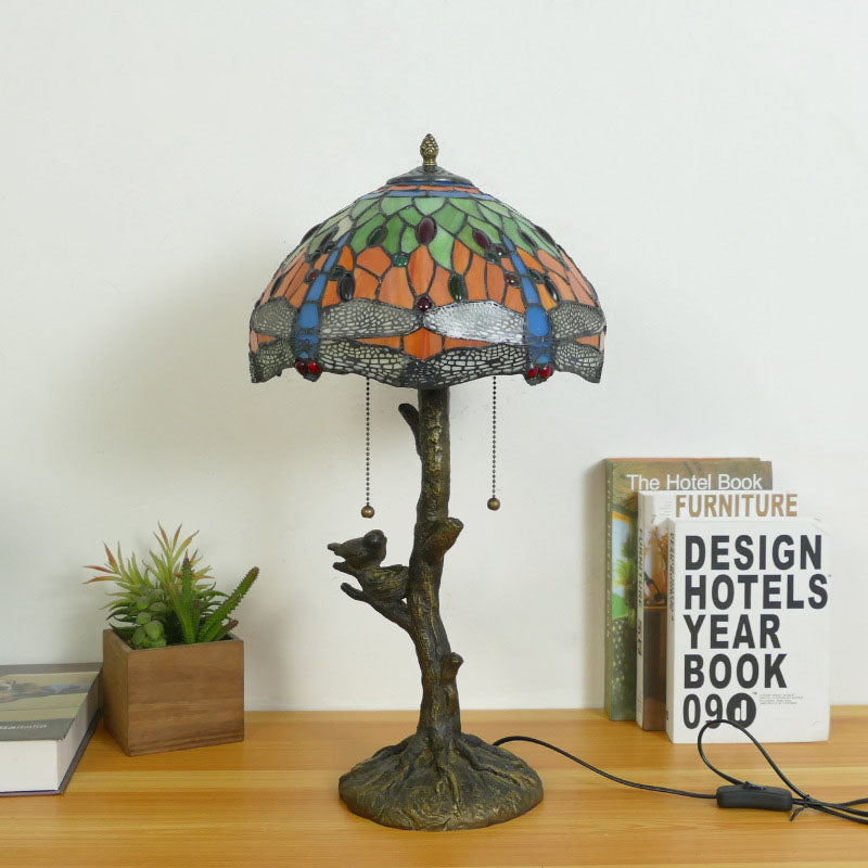 Traditional Tiffany Dragonfly Flower Stained Glass Bird Base 2-Light Table Lamp For Bedroom
