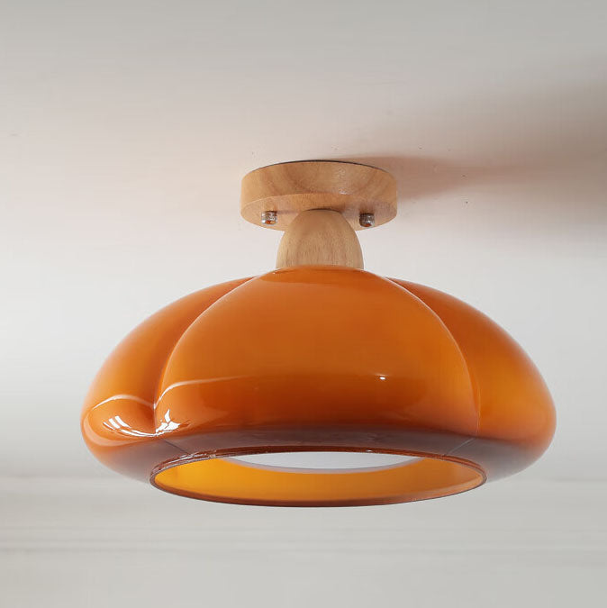 Moderne Cremefarbene Ovale Kürbisgummi-Holzglas 1-Licht Halbeinbau-Deckenleuchte 