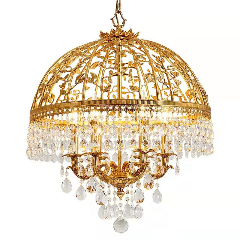 Chandelier à 6 lumières avec branches en cristal et dôme en cuivre de luxe traditionnel pour salle à manger 