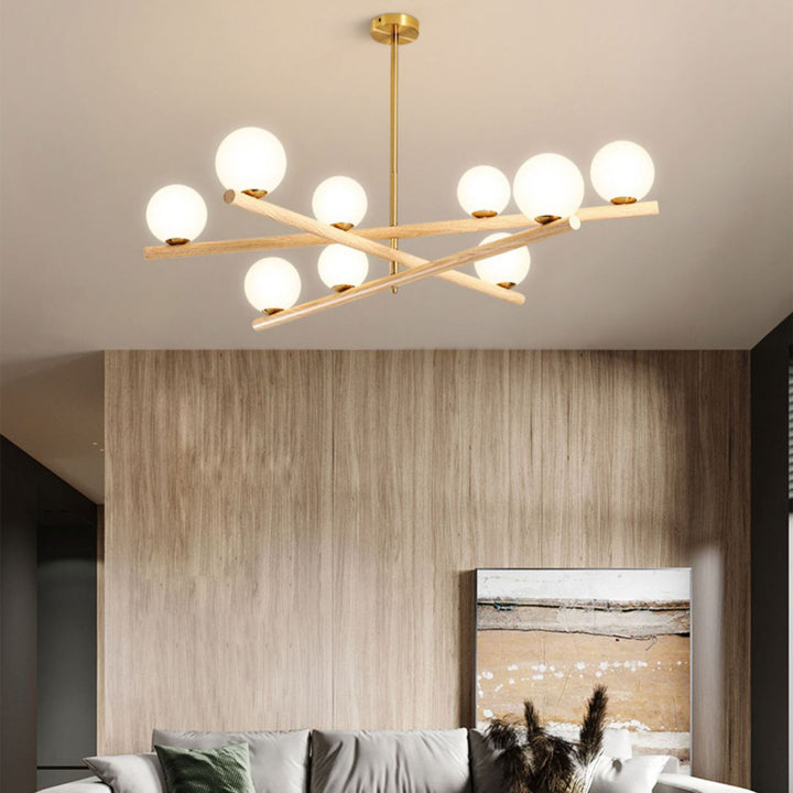 Zeitgenössischer skandinavischer Crossover-Streifen-Kronleuchter aus Metall und Glas mit 6/9 Lichtern für das Wohnzimmer 