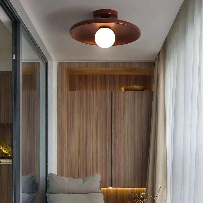 Zeitgenössische Einfachheit Runde Holz Glas 1-Licht Halb Flush Mount Deckenleuchte für Wohnzimmer
