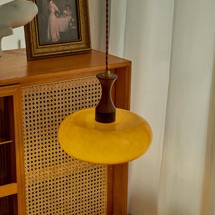Zeitgenössische Retro Holz Eisen Glas Trommel Runde 1-Licht Pendelleuchte Für Esszimmer 