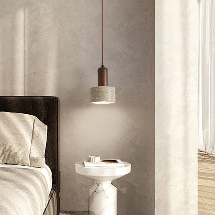 Lustre Suspendu 1 Lumière en Bois Massif Travertin Cylindre Vintage Traditionnel pour Chambre 