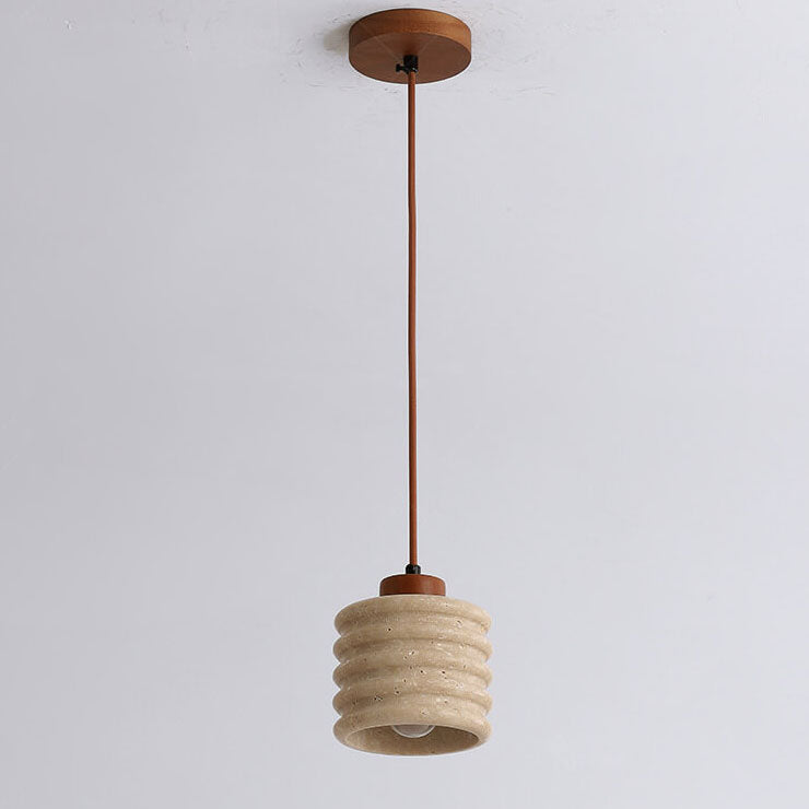 Japanese Wabi-Sabi Yellow Travertine Cylinder Lampshade Wood 1-Light Pendant Light