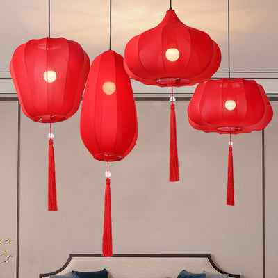 Traditionelle chinesische Laterne Stoff Eisen 1-Licht Pendelleuchte für Schlafzimmer 