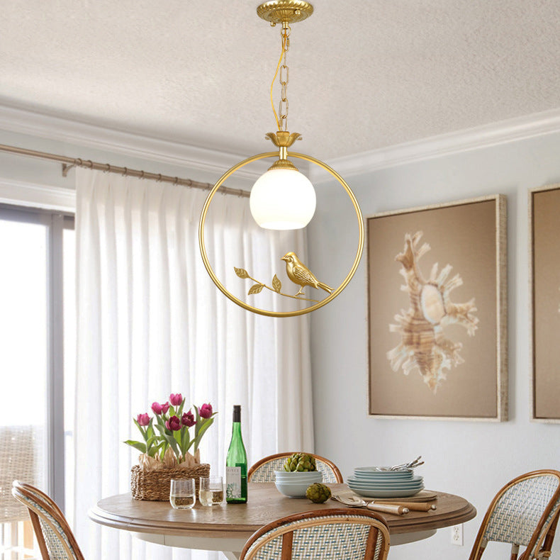 Traditionelle Vintage Eisenring Vogel Dekor Blume Glasschirm 1-Licht Pendelleuchte für Wohnzimmer 