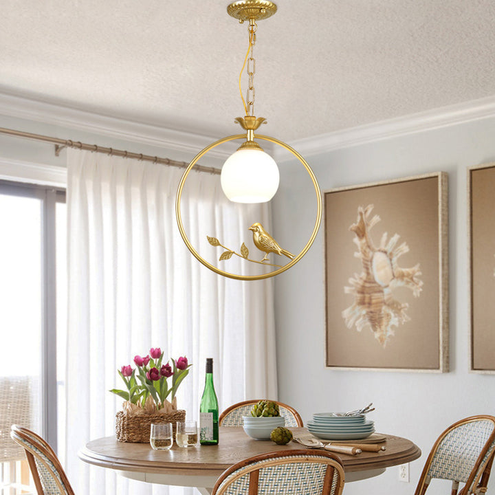 Traditionelle Vintage Eisenring Vogel Dekor Blume Glasschirm 1-Licht Pendelleuchte für Wohnzimmer 