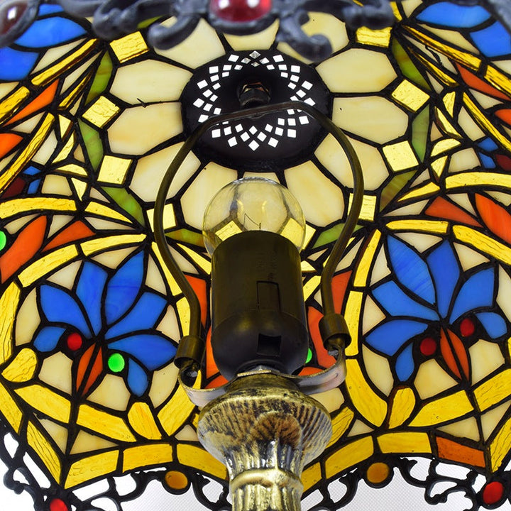 Traditional Vintage Flower Gemstone Stained Glass 1-Light Table Lamp For Living Room